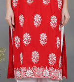 Load image into Gallery viewer, Red round neck cotton kurta with chikankari

