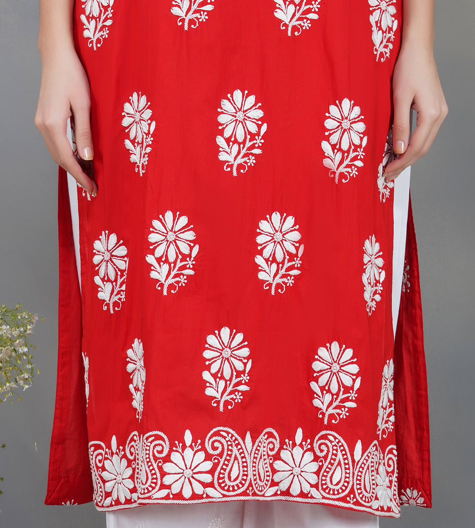 Red round neck cotton kurta with chikankari