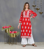 Load image into Gallery viewer, Red round neck cotton kurta with chikankari

