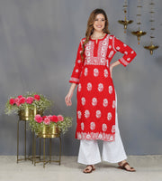 Red round neck cotton kurta with chikankari