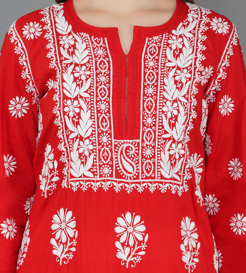 Red round neck cotton kurta with chikankari