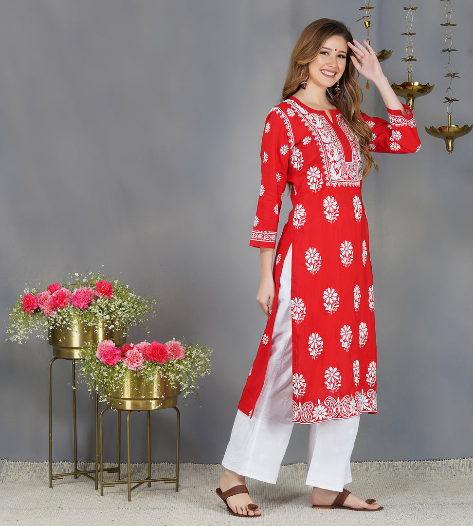 Red round neck cotton kurta with chikankari