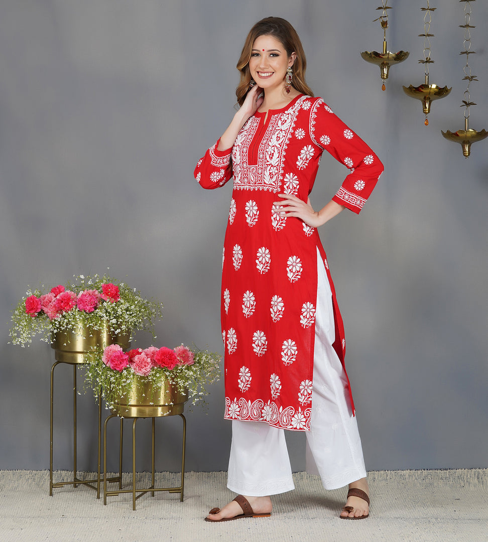 Red round neck cotton kurta with chikankari