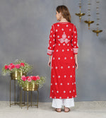 Load image into Gallery viewer, Red cotton kurta with Yoke and single button with  chikankari
