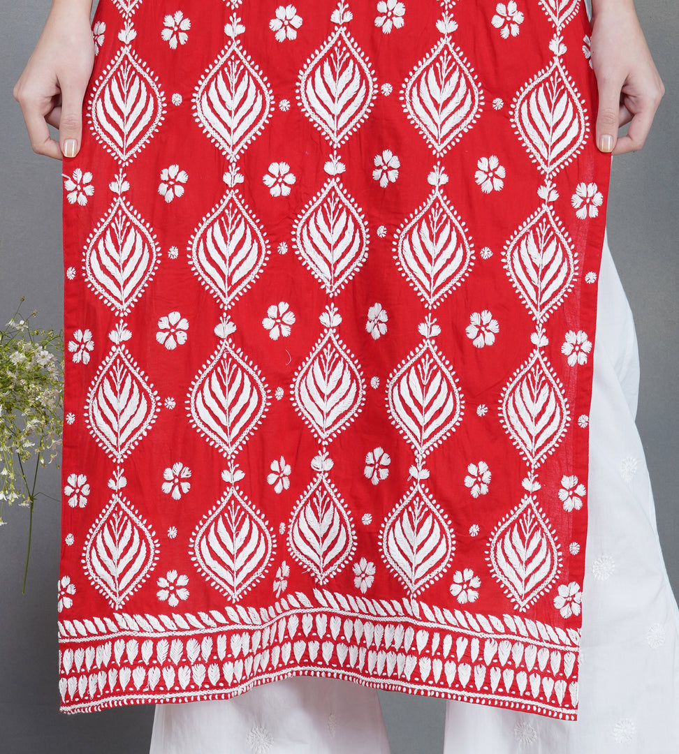 Red cotton kurta with Yoke and single button with  chikankari