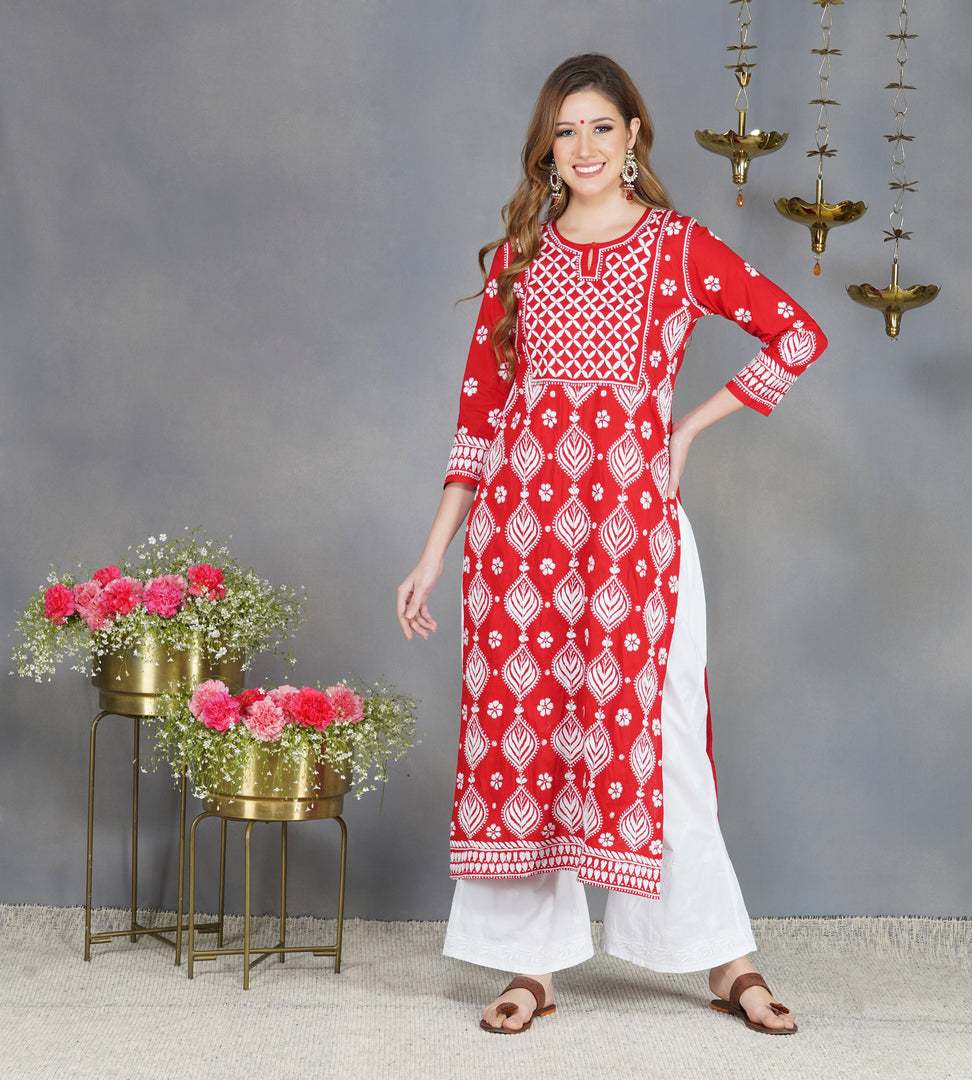Red cotton kurta with Yoke and single button with  chikankari