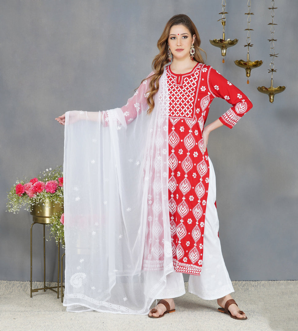 Red cotton kurta with Yoke and single button with  chikankari