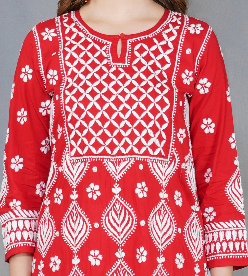 Red cotton kurta with Yoke and single button with  chikankari