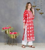 Load image into Gallery viewer, Red cotton kurta with Yoke and single button with  chikankari
