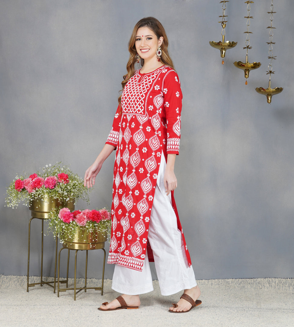 Red cotton kurta with Yoke and single button with  chikankari