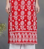 Load image into Gallery viewer, Red round neck cotton kurta with chikankari
