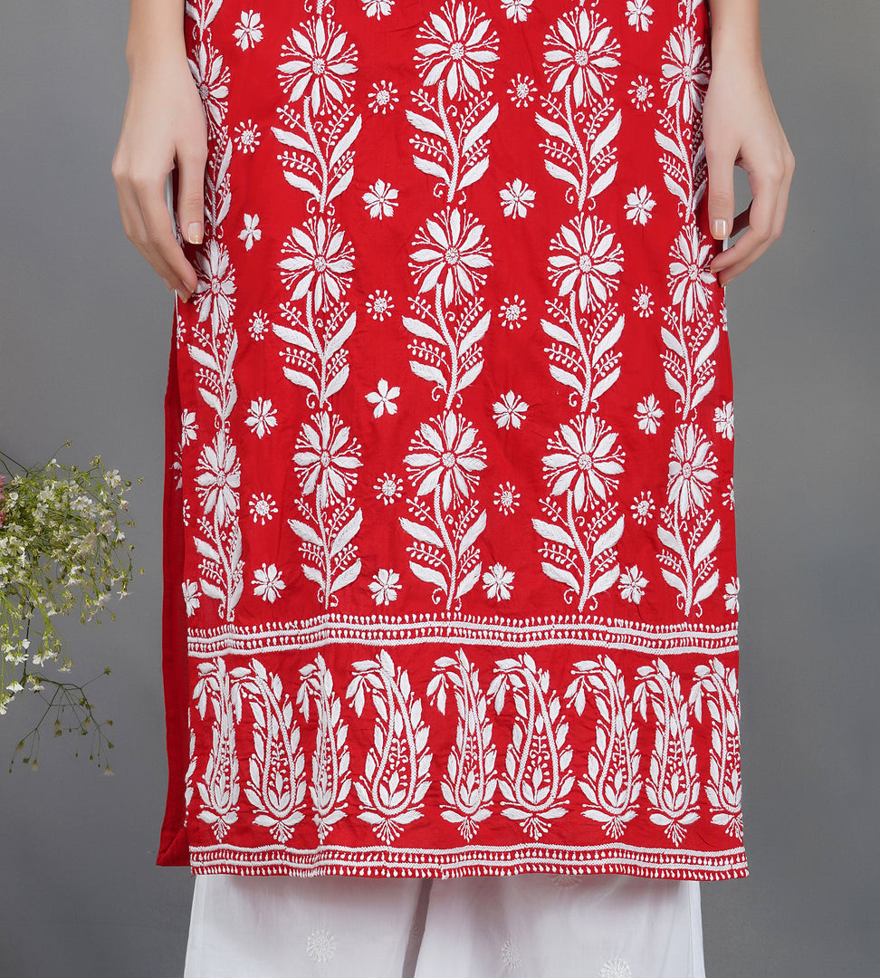 Red round neck cotton kurta with chikankari