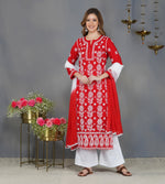 Load image into Gallery viewer, Red round neck cotton kurta with chikankari

