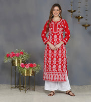 Red round neck cotton kurta with chikankari