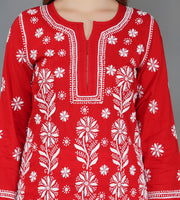 Red round neck cotton kurta with chikankari