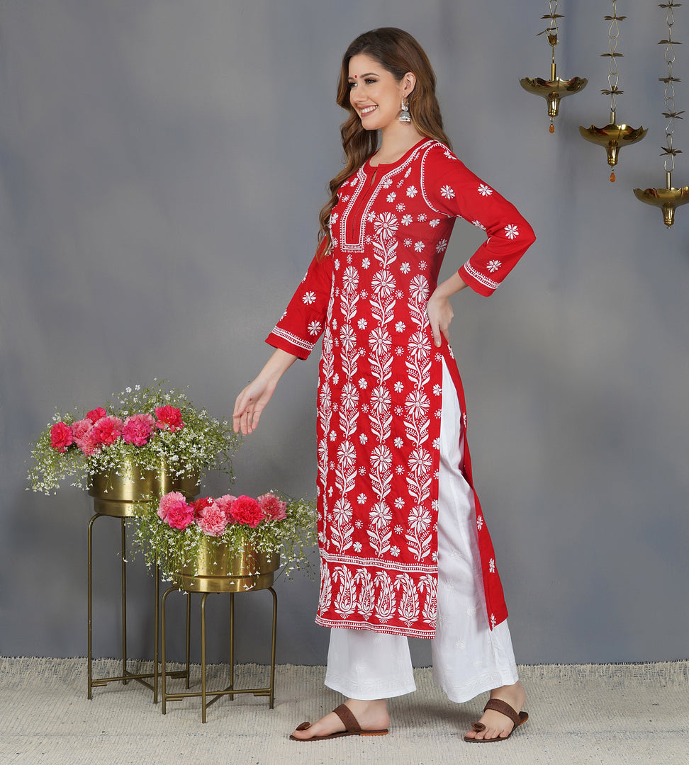 Red round neck cotton kurta with chikankari