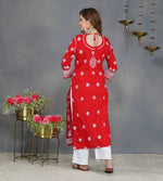 Load image into Gallery viewer, Red round neck cotton kurta with chikankari on yoke

