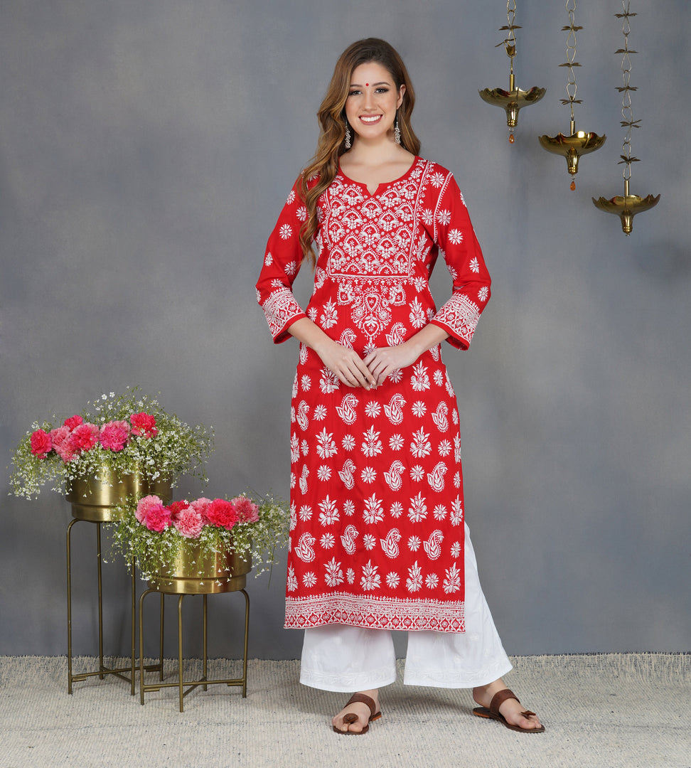 Red round neck cotton kurta with chikankari on yoke
