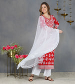 Load image into Gallery viewer, Red round neck cotton kurta with chikankari on yoke
