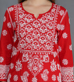 Load image into Gallery viewer, Red round neck cotton kurta with chikankari on yoke
