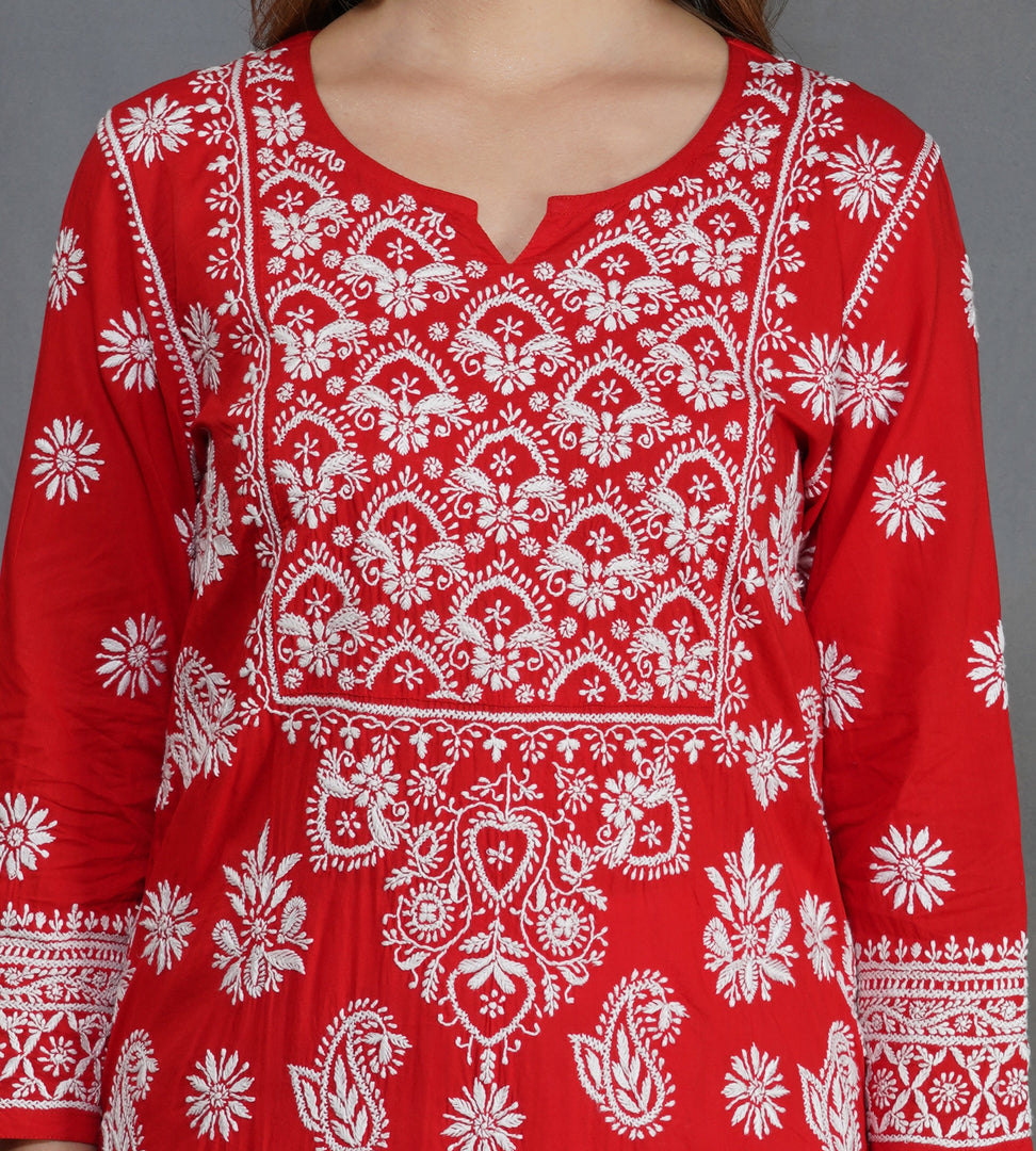 Red round neck cotton kurta with chikankari on yoke