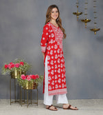 Load image into Gallery viewer, Red round neck cotton kurta with chikankari on yoke
