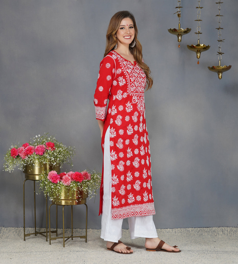 Red round neck cotton kurta with chikankari on yoke