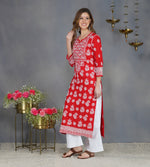 Load image into Gallery viewer, Red round neck cotton kurta with chikankari on yoke
