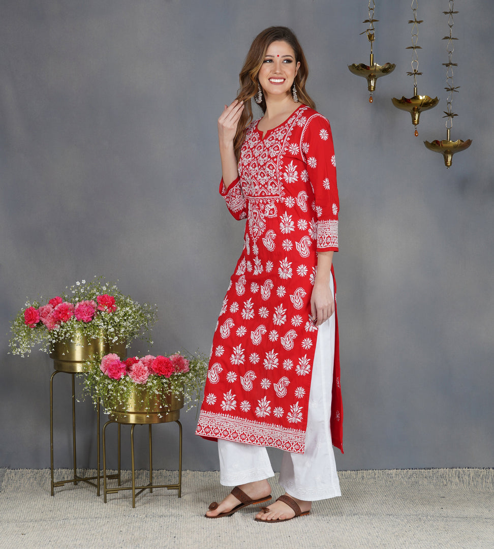 Red round neck cotton kurta with chikankari on yoke