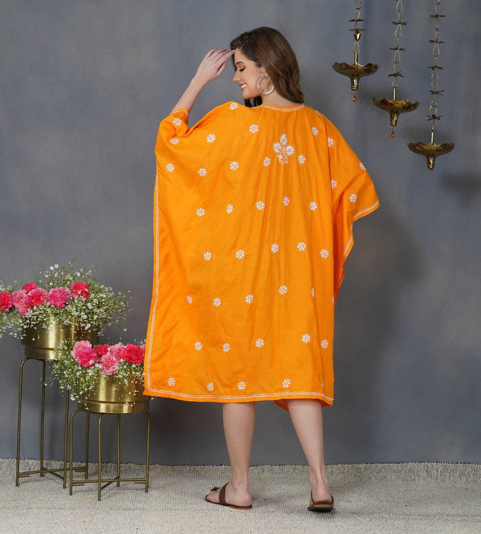 Turmeric yellow cotton kaftan with chikankari