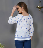 Load image into Gallery viewer, white cotton peasents top with blue chikankari
