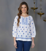 Load image into Gallery viewer, white cotton peasents top with blue chikankari
