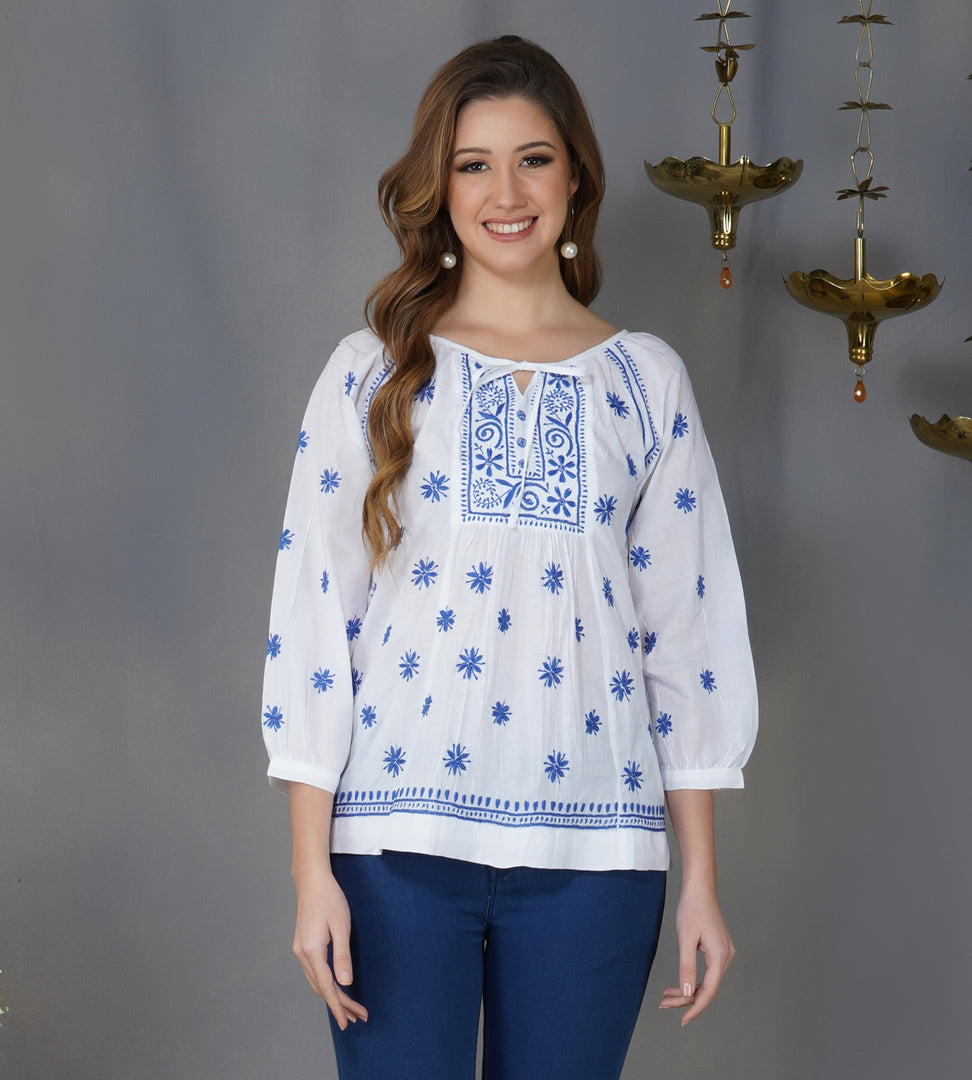 white cotton peasents top with blue chikankari