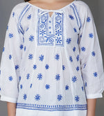Load image into Gallery viewer, white cotton peasents top with blue chikankari
