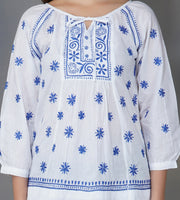 white cotton peasents top with blue chikankari