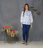 Load image into Gallery viewer, white cotton peasents top with blue chikankari
