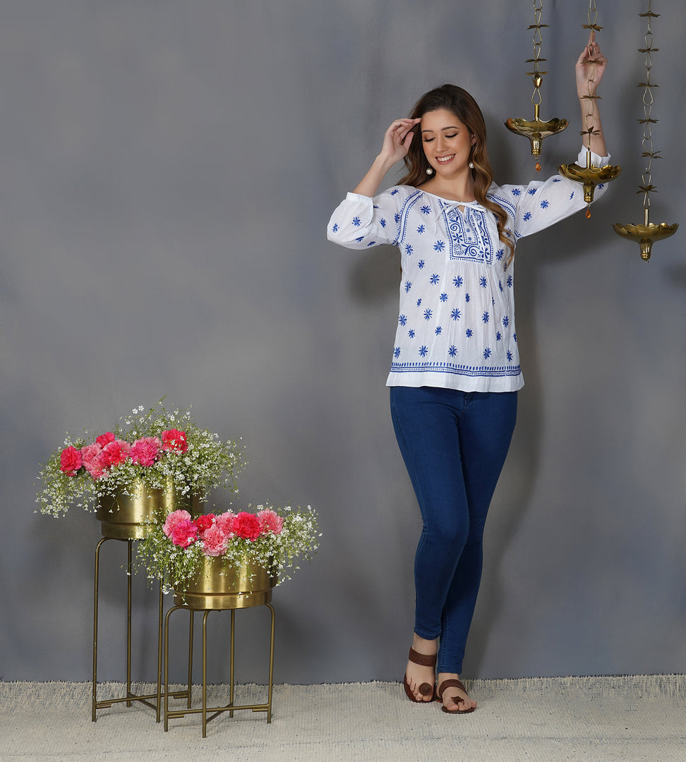 white cotton peasents top with blue chikankari