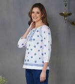 Load image into Gallery viewer, white cotton peasents top with blue chikankari
