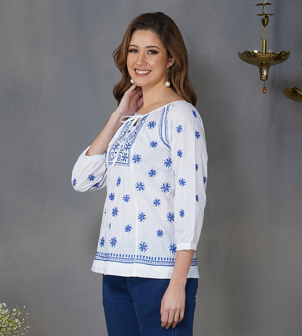 white cotton peasents top with blue chikankari