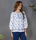 Load image into Gallery viewer, white cotton peasents top with blue chikankari
