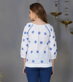 Load image into Gallery viewer, white cotton peasents top with blue chikankari
