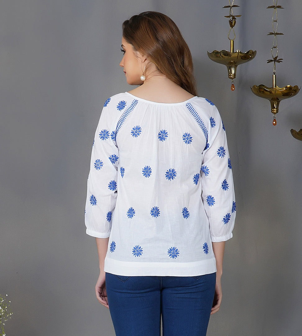 white cotton peasents top with blue chikankari