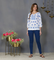 white cotton peasents top with blue chikankari