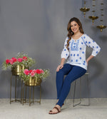 Load image into Gallery viewer, white cotton peasents top with blue chikankari
