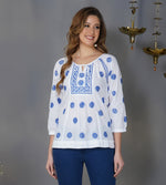 Load image into Gallery viewer, white cotton peasents top with blue chikankari
