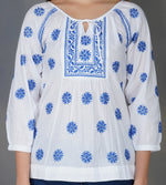 Load image into Gallery viewer, white cotton peasents top with blue chikankari
