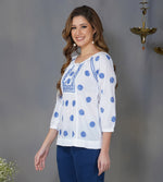 Load image into Gallery viewer, white cotton peasents top with blue chikankari
