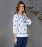 Load image into Gallery viewer, white cotton peasents top with blue chikankari

