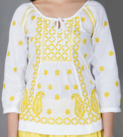 White cotton peasents top with mustard chikankari