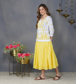 Load image into Gallery viewer, White cotton peasents top with mustard chikankari
